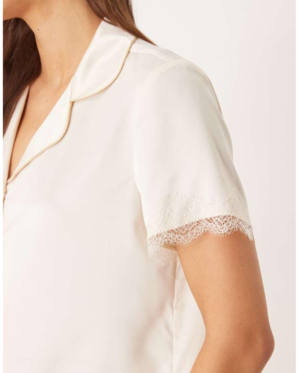 Chelsea Peers White Bridal Satin Button Up Lace Cuff Short Nightwear Set