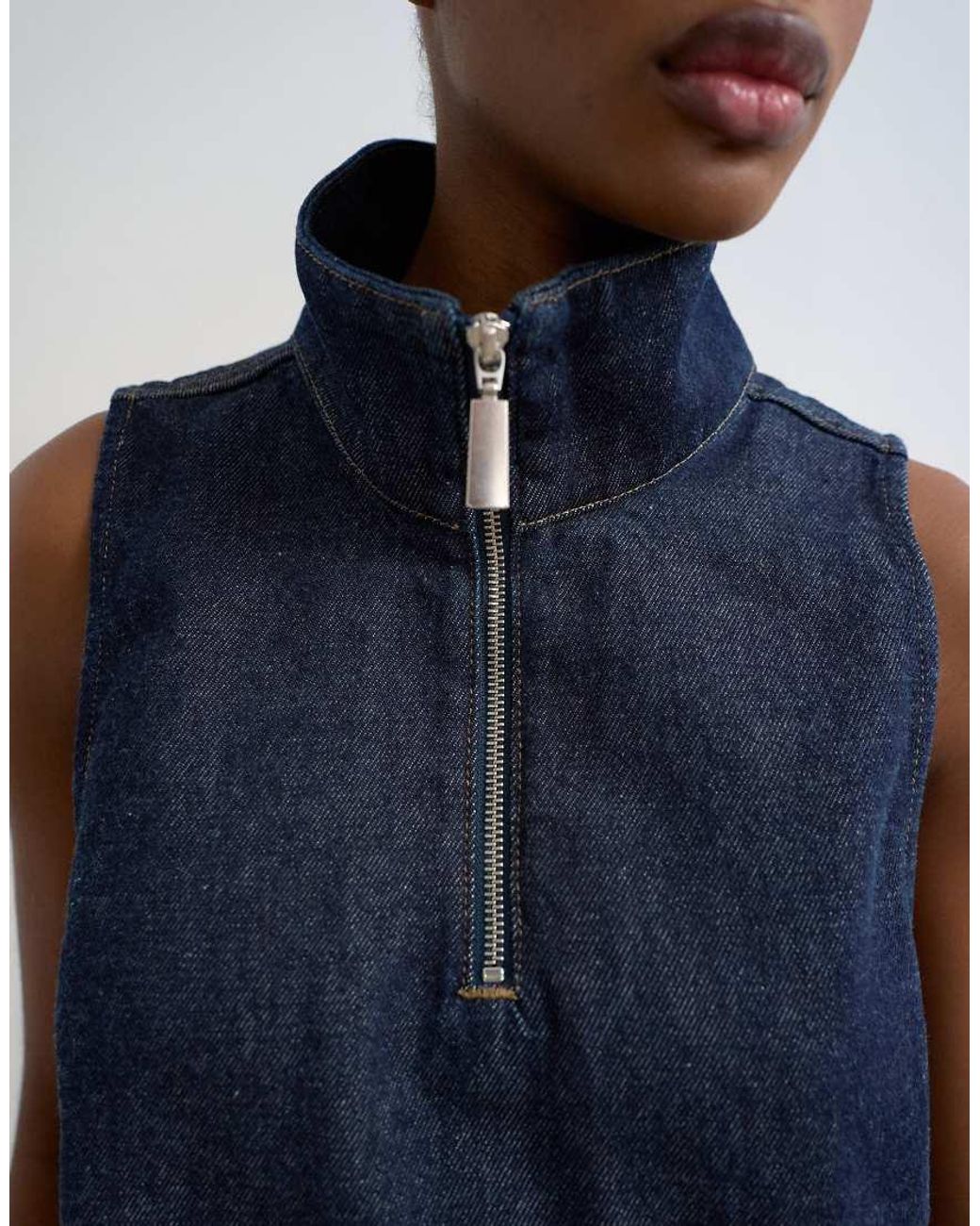TOPSHOP Blue Denim Funnel Neck Pinny Dress Rinse