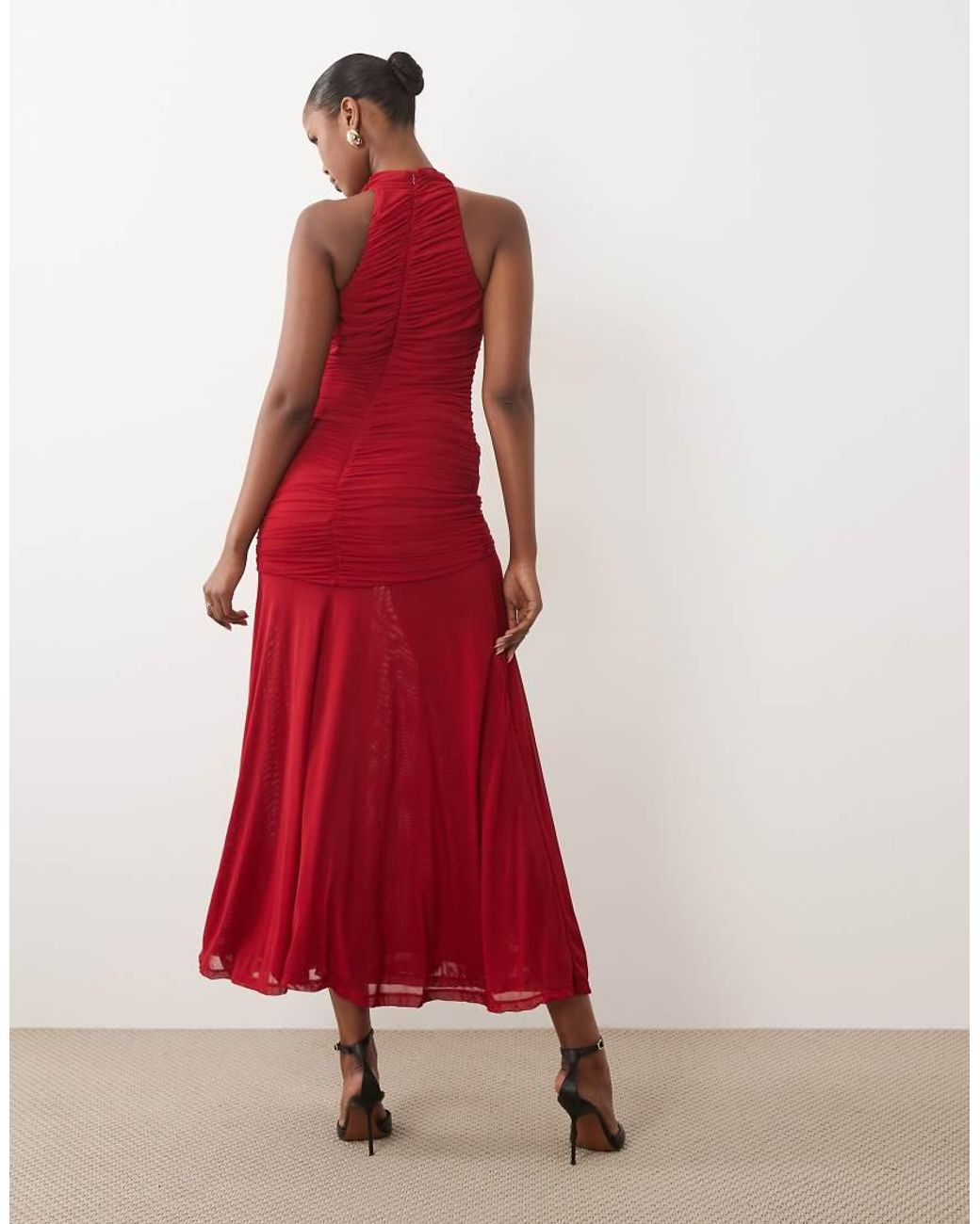 Bardot Red Mesh High Neck Ruched Side Thigh Split Maxi Dress