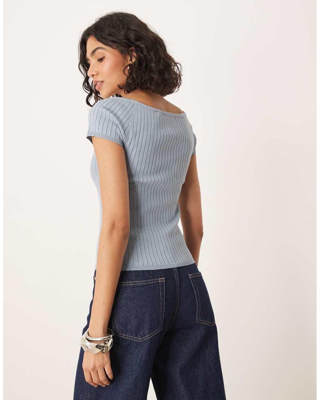 Aware Gray Ribbed Knit Off Shoulder Capped Sleeve Top