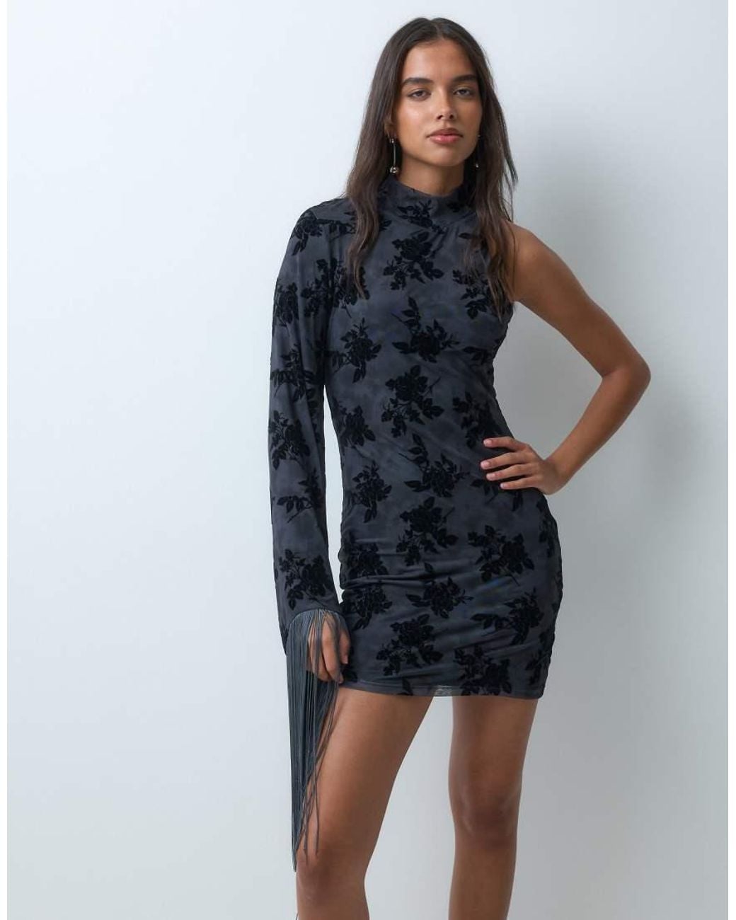 ASOS Blue Devore Halter Mini Dress With Fringed Statement Sleeve