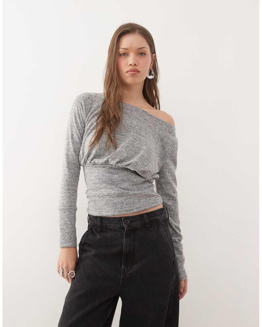 Collusion Gray Deep Hem Slash Neck Long Sleeve Top