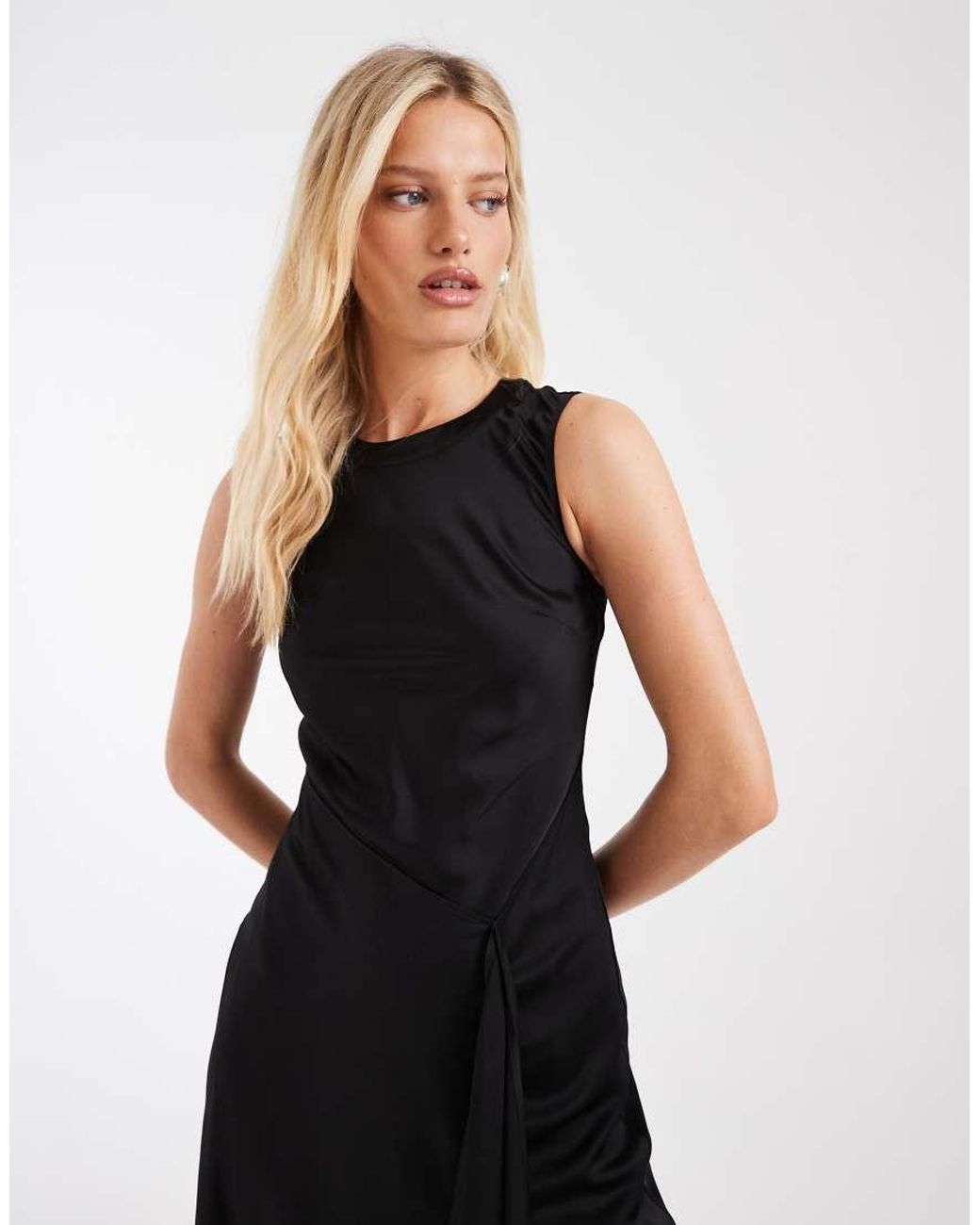 & Other Stories Black Sleeveless Satin Dress With Asymetric Hem