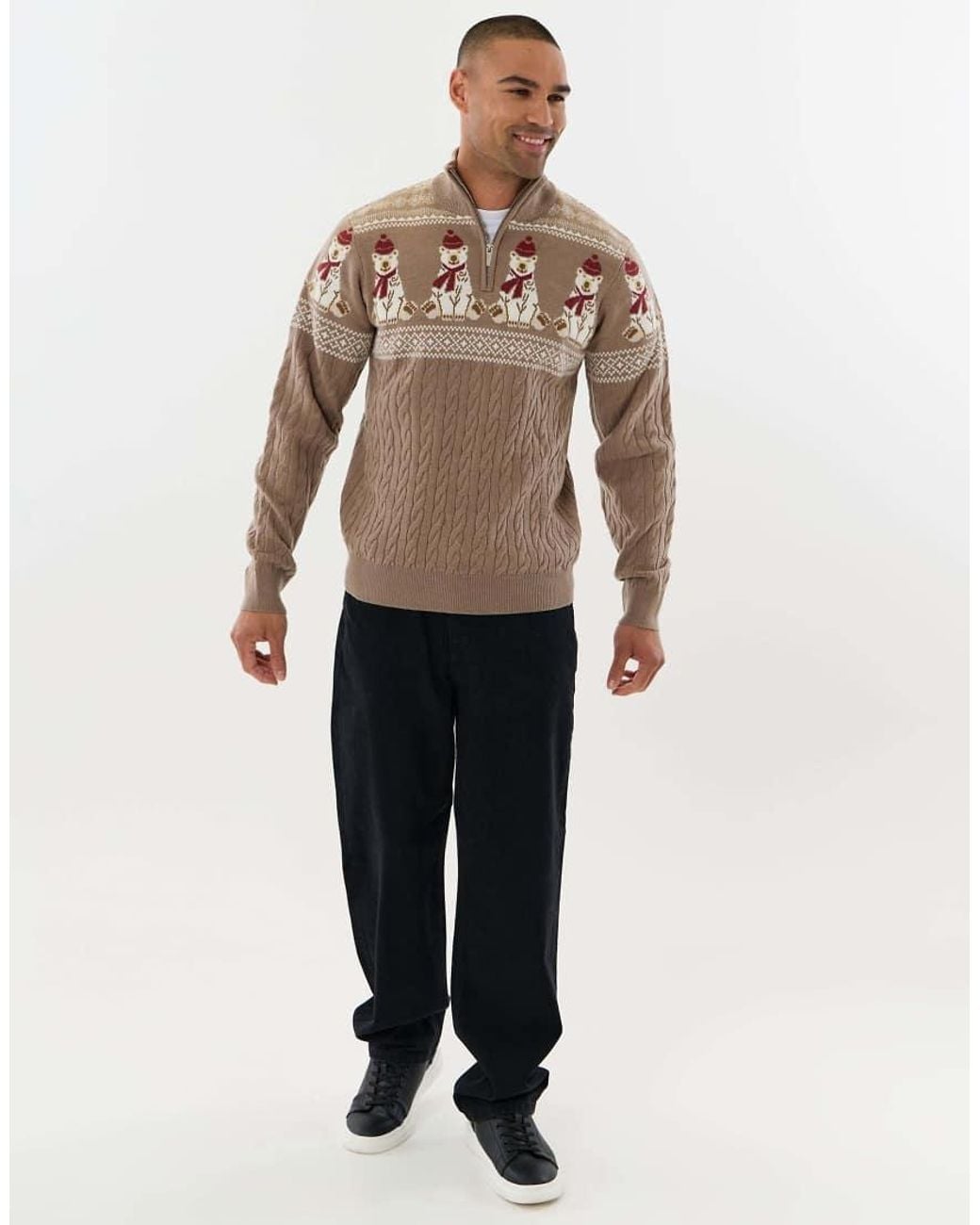 Threadbare Brown Christmas Bear Fairisle Quarter Zip Jumper for men