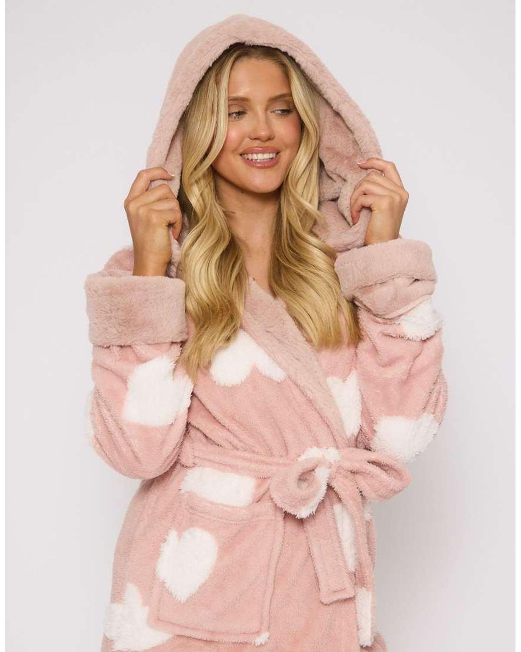 Loungeable Pink Jaquard Heart Hooded Robe