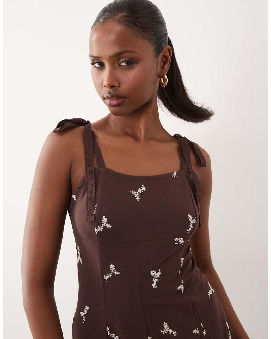 ASOS Brown Tie Up Strap Embroidered Midi Dress