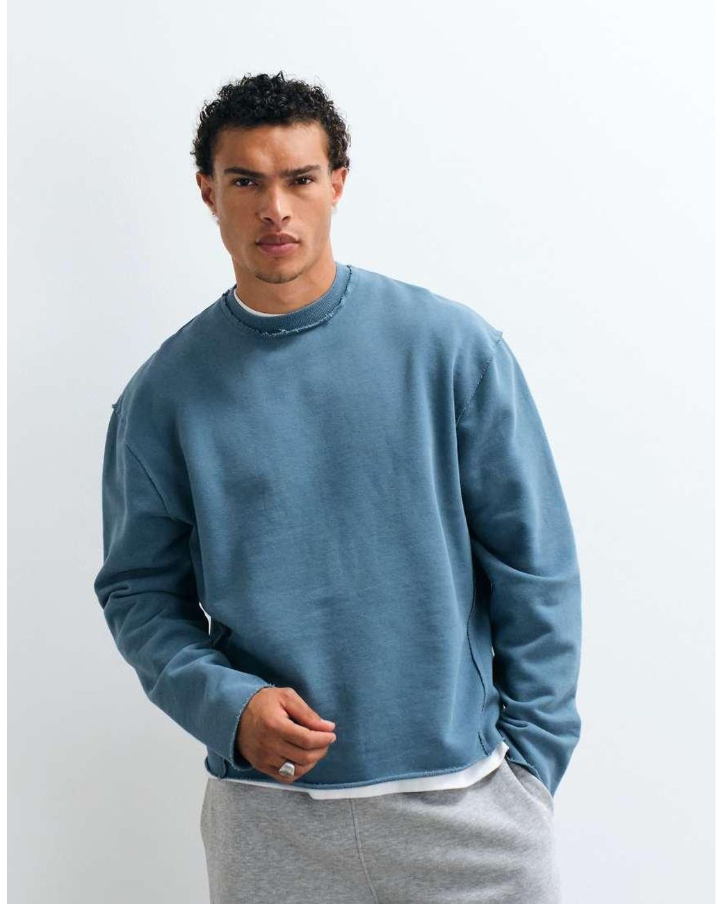 ASOS Blue Washed Sweatshirt With Print And Raw Edges And Inside Out Seams for men