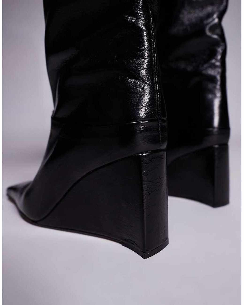 ASOS Black Clarissa Premium Leather Wedge Pull On Boots With Chisel Toes