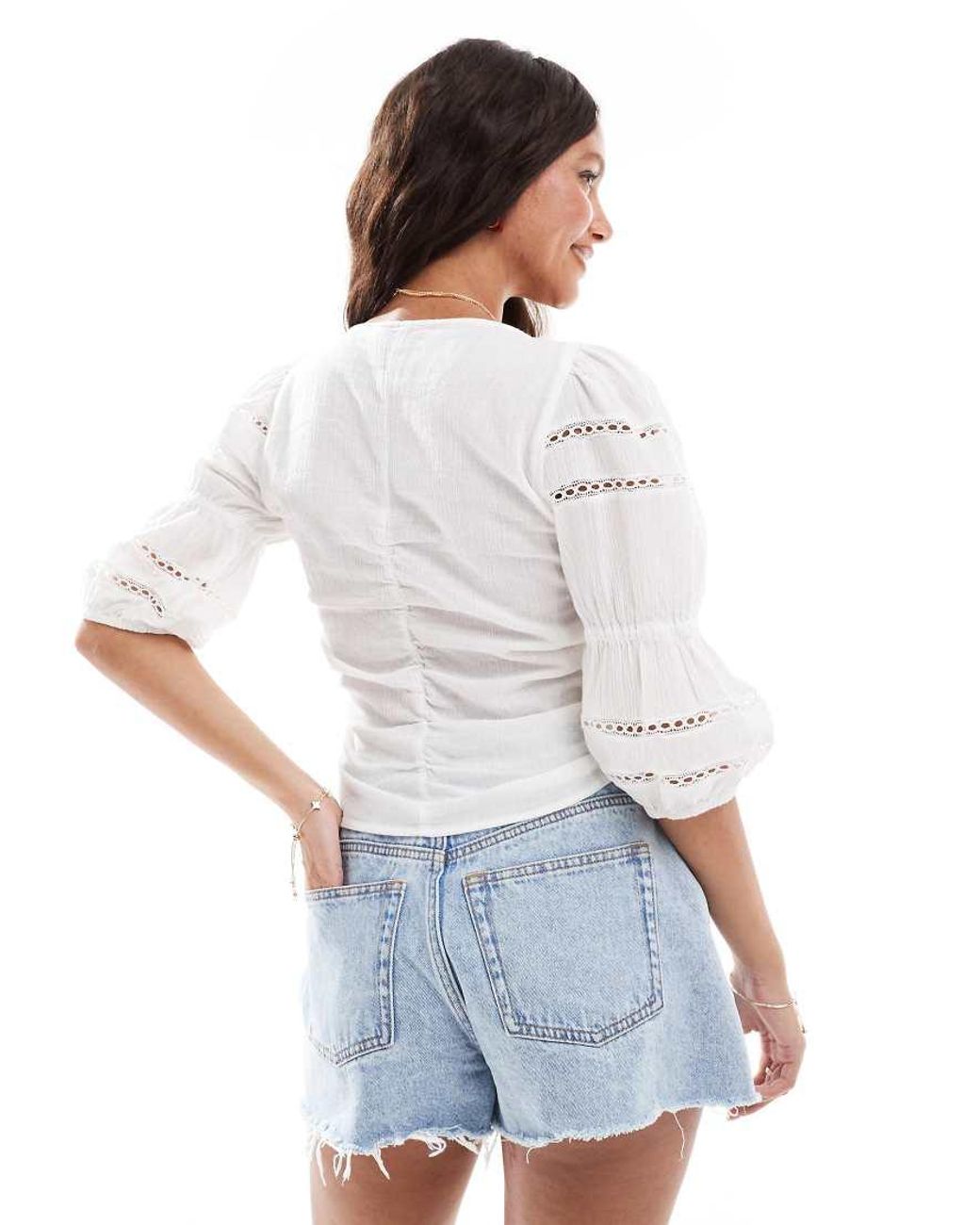 Vero Moda White Lace Trim Ruched Front Milkmaid Top