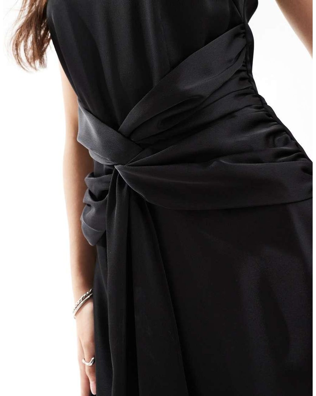 Six Stories Black Bridesmaid Knot Front Drape Satin Maxi Dress