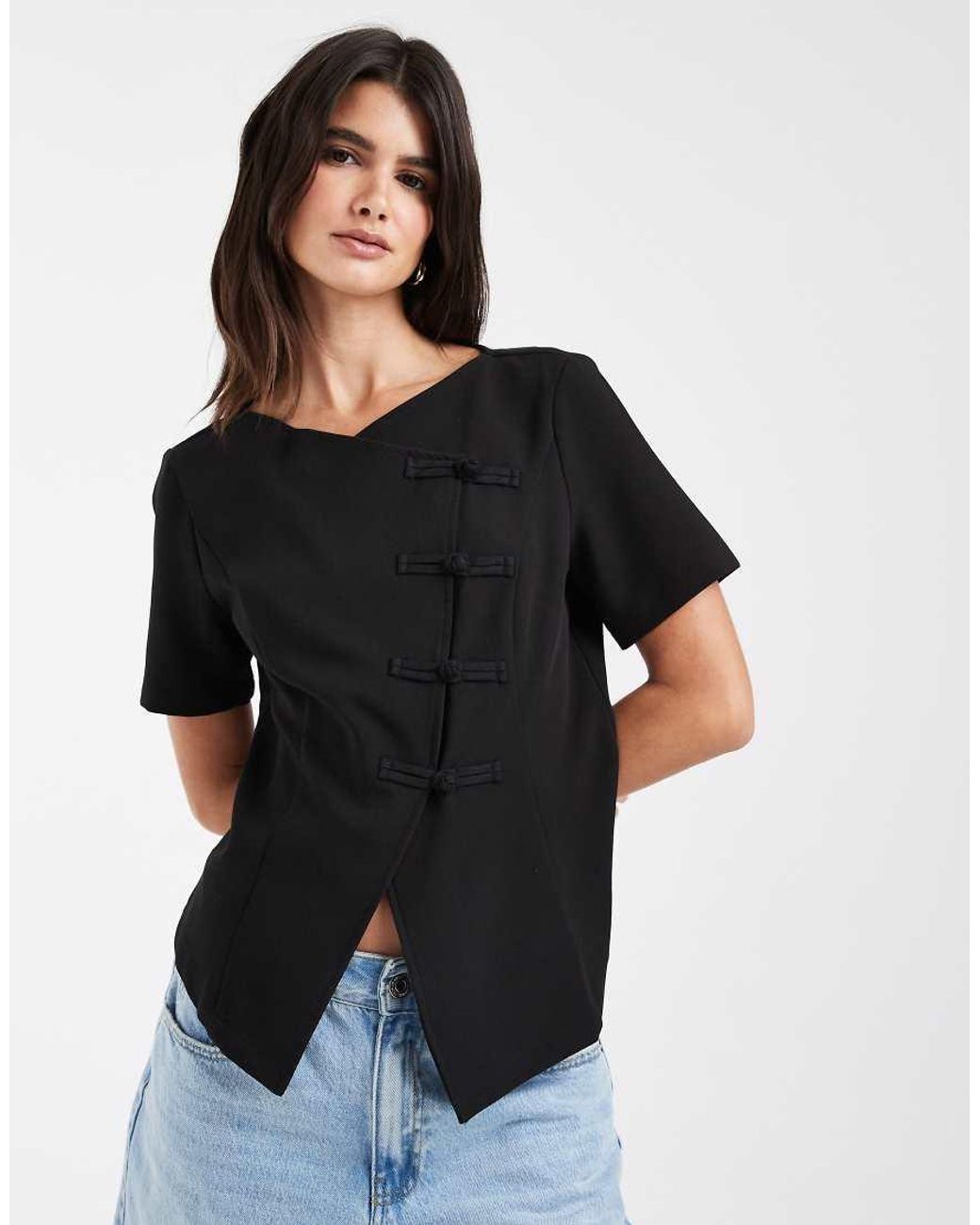 Vero Moda Black Asymmetric Hem Woven Top With Mandarin- Style Fastening