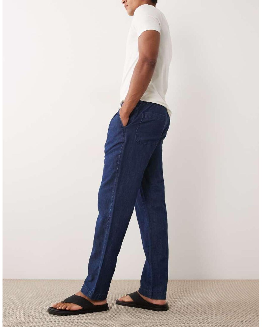 Mango Blue Linen Blend Denim Look Draw String Trousers for men