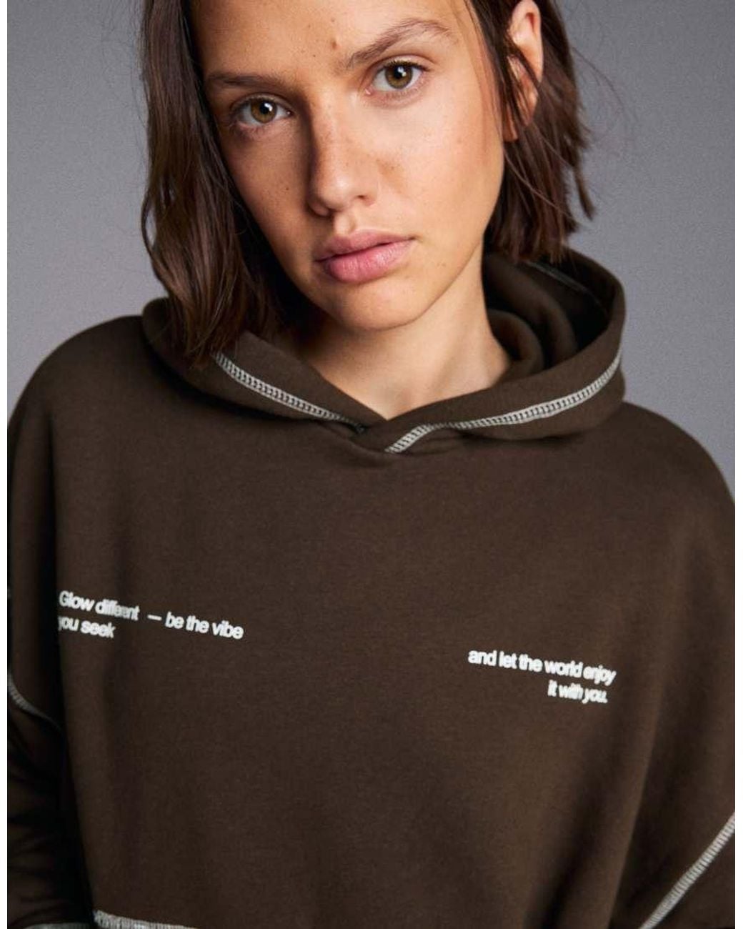 Bershka Brown Hooded Print Sweatshirt