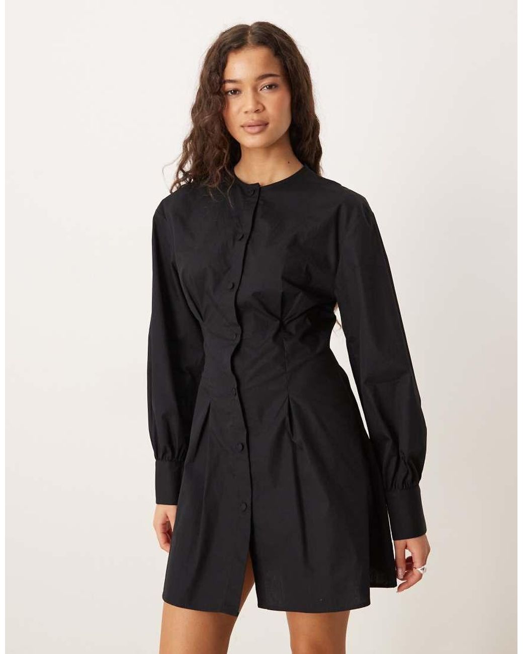 ASOS Black Round Neck Button Through Waisted Mini Dress