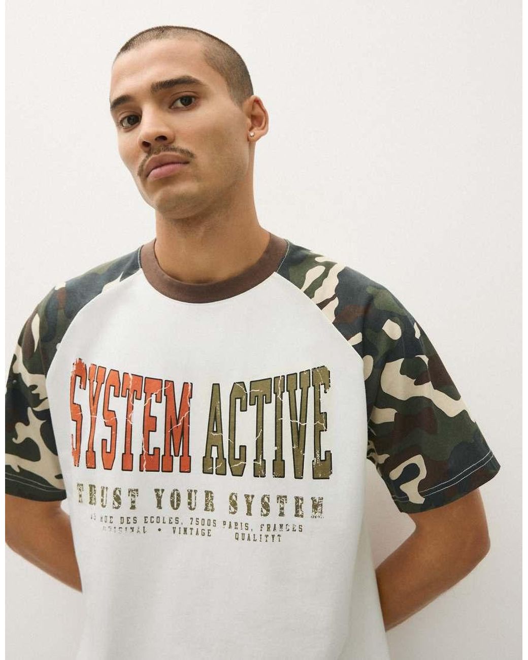 Bershka White Short Sleeve Raglan Print T-Shirt for men