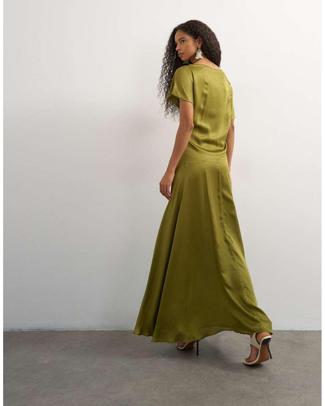 TOPSHOP Green Premium Viscose Satin Dropped Tie Waist Maxi Dress