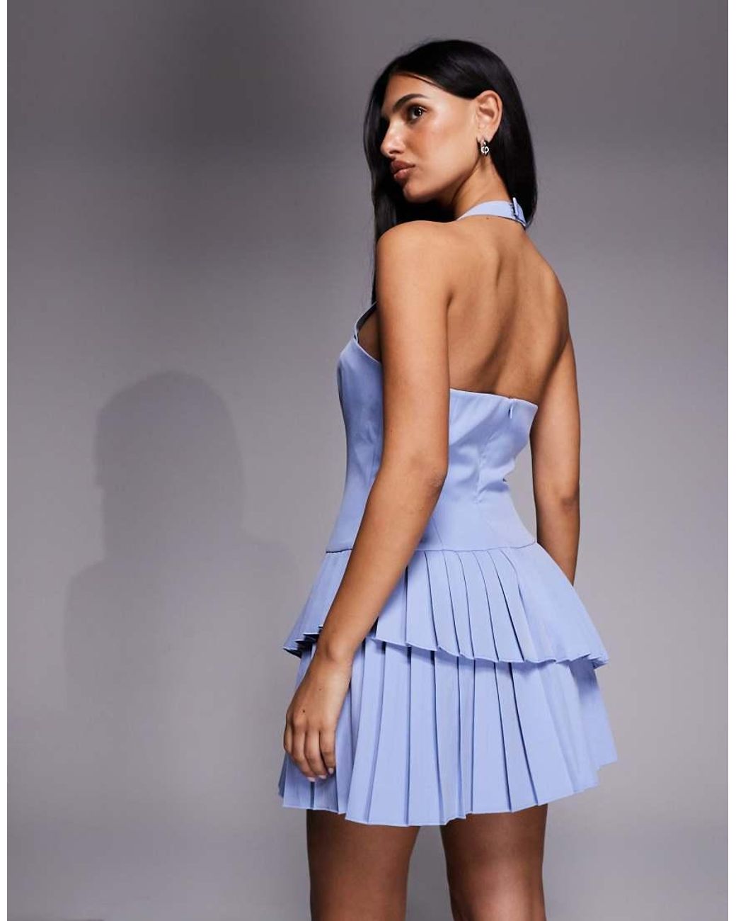 Kaiia Blue Exclusive Tailored Halter Neck Asymmetric Ruffle Tiered Mini Dress