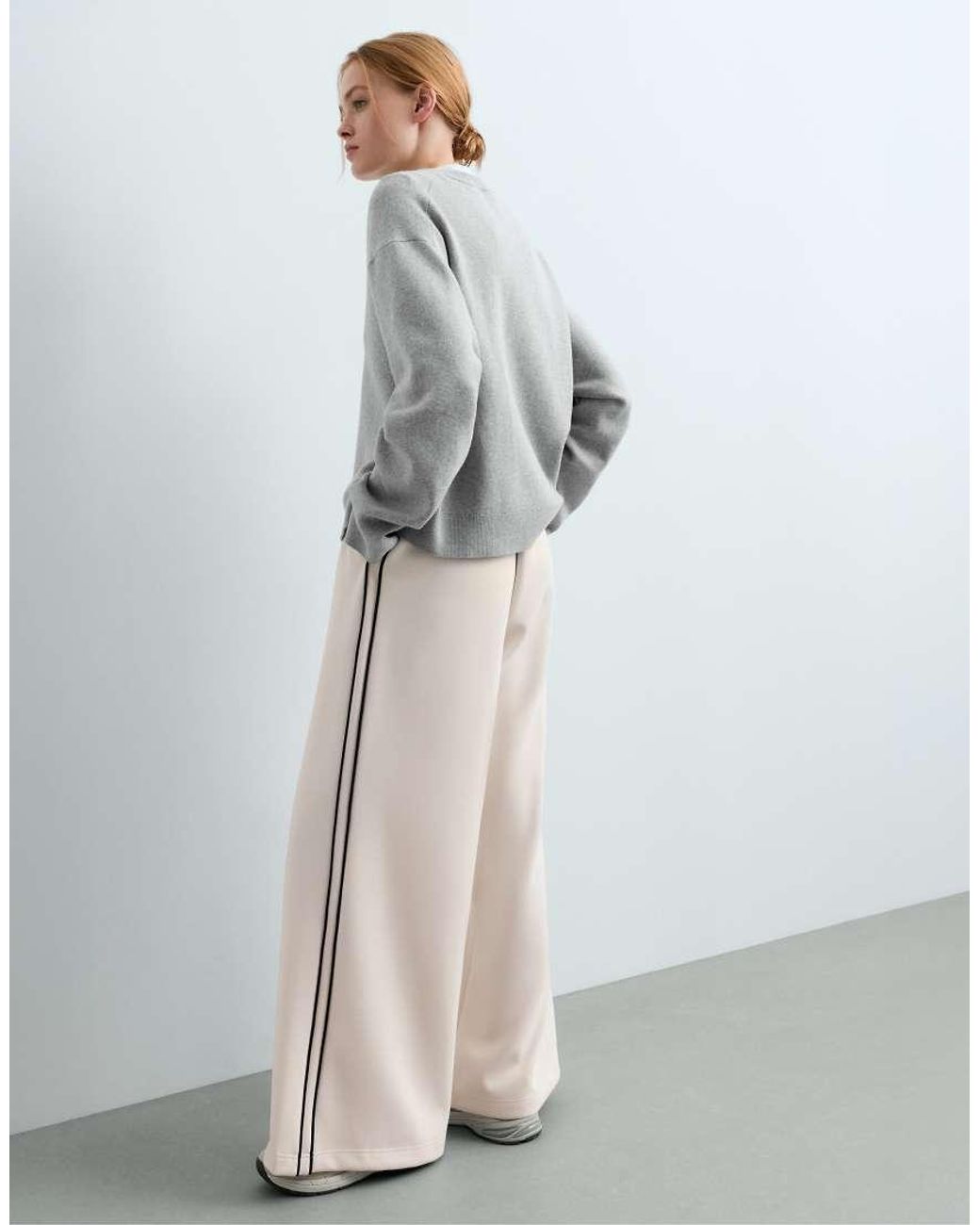 Oysho White Straight-Leg Trousers With Modal, Brushed Finish And Piping