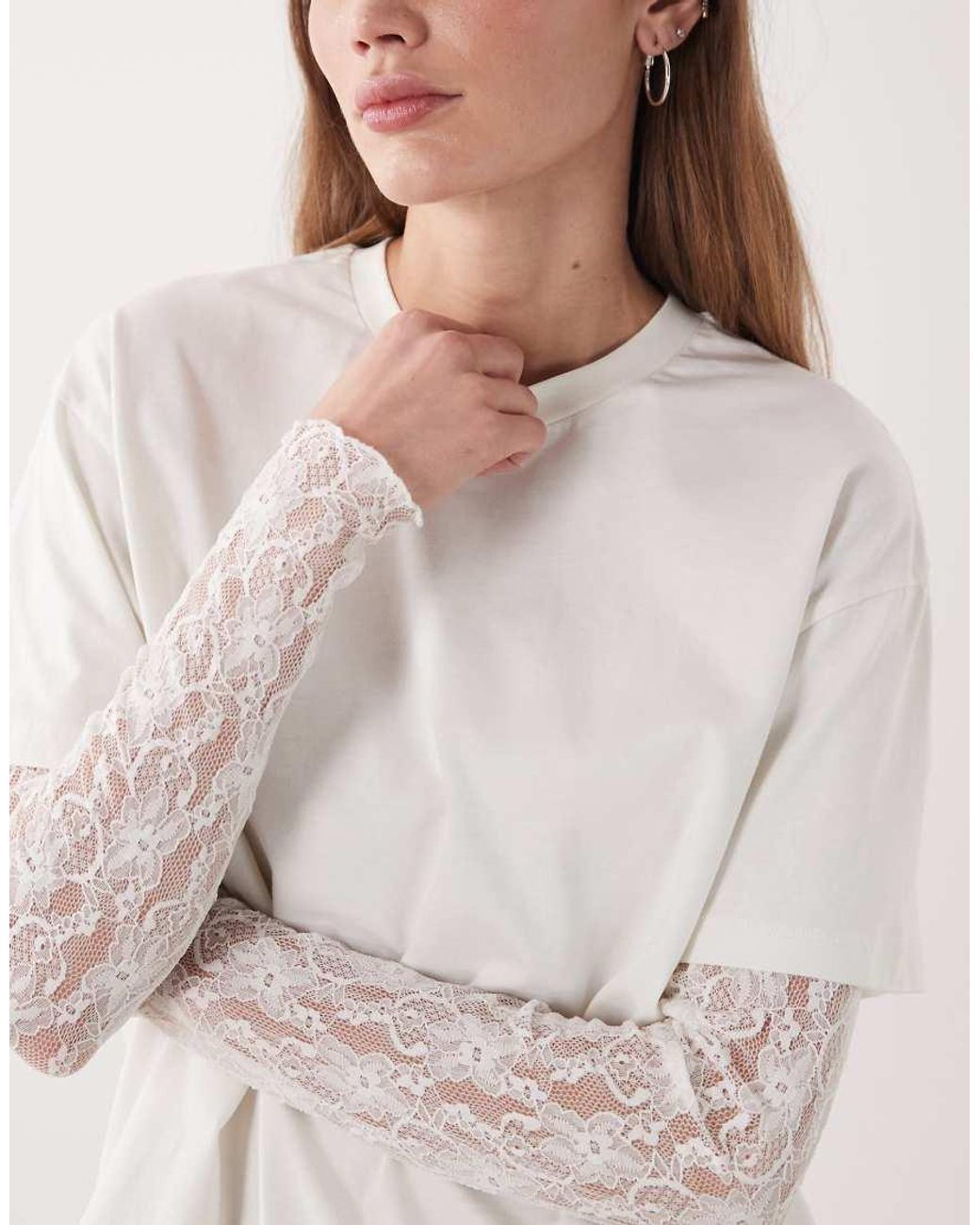 Miss Selfridge White Oversized Tshirt With Lace Sleeve