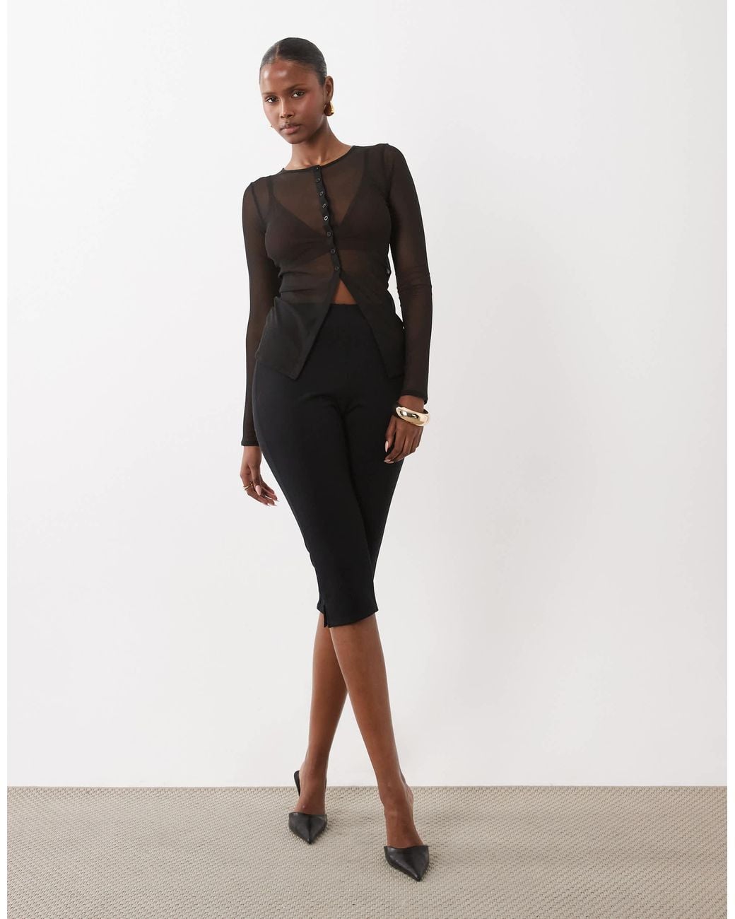 ASOS Black Crew Neck Button Down Long Sleeve Top With Split