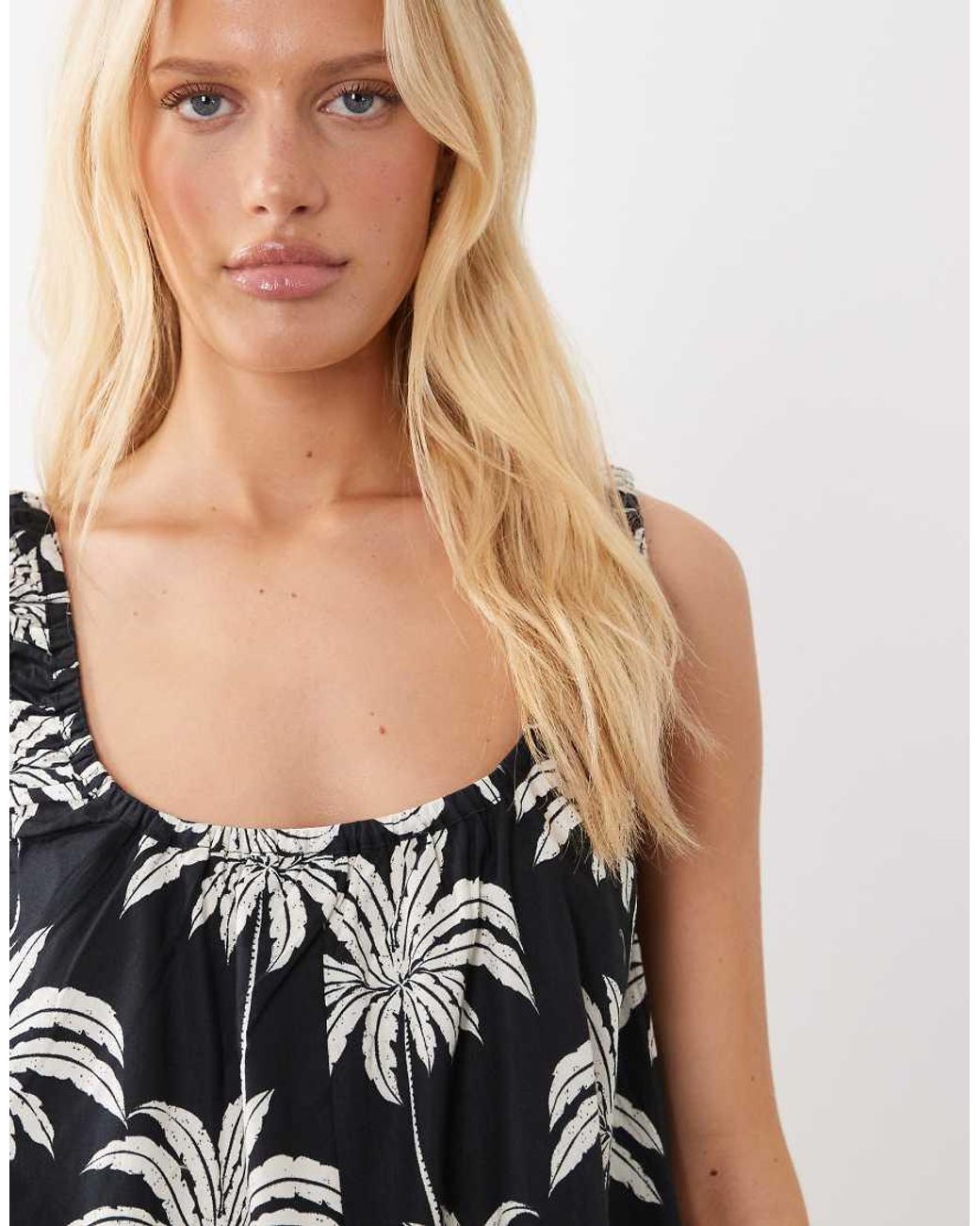 Vila White Ruched Strap Palm Print Cami Mini Dress