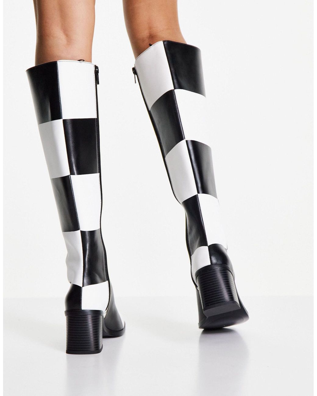 Monki Polly Vegan-friendly Checkerboard Knee-high Heeled Boots in Black |  Lyst