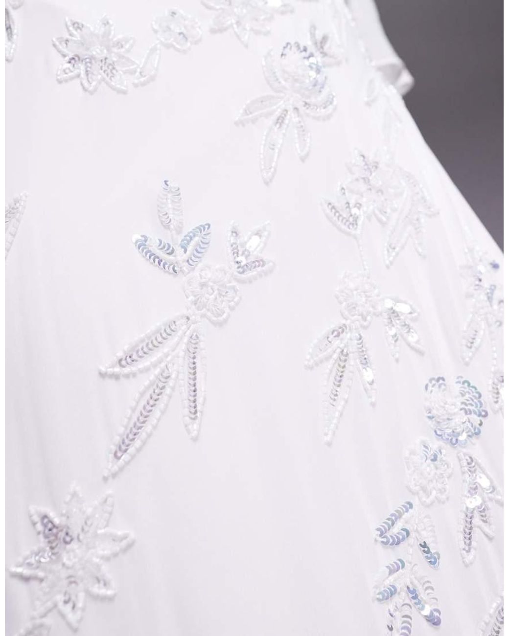 Maya Gray Bridal Floral Embellished Cape Sleeve Faux Wrap Maxi Dress