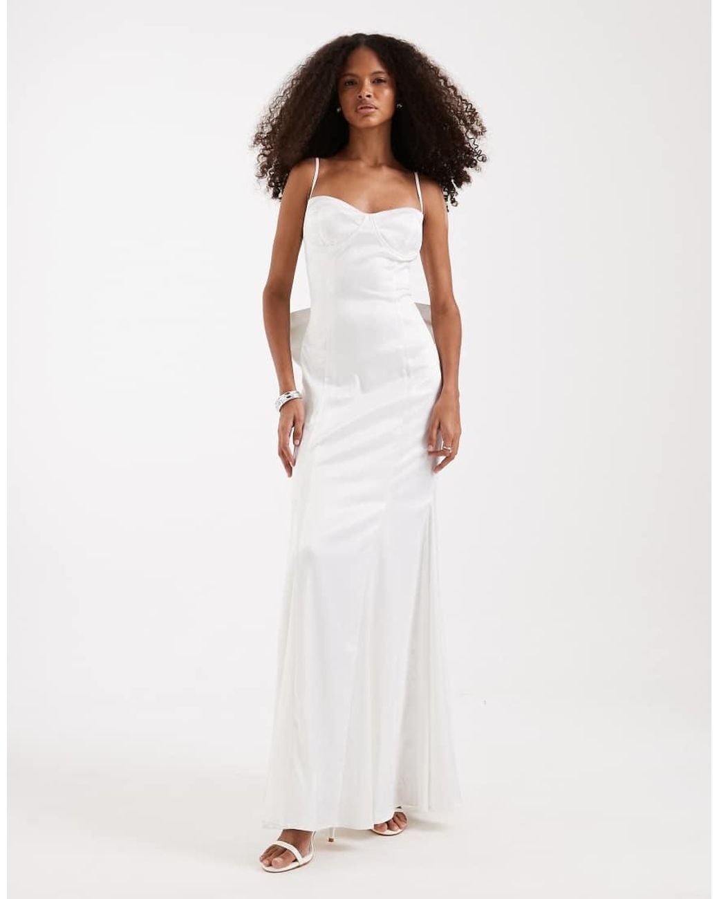 TFNC London White Bridal Sweetheart Neck Satin Maxi Dress With Chiffon Hem And Bow Back