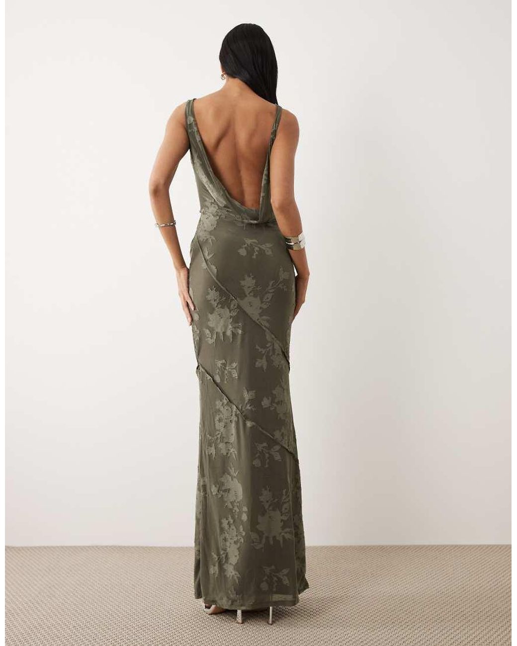 ASOS Green Raw Seam Cowl Back Devore Maxi Dress
