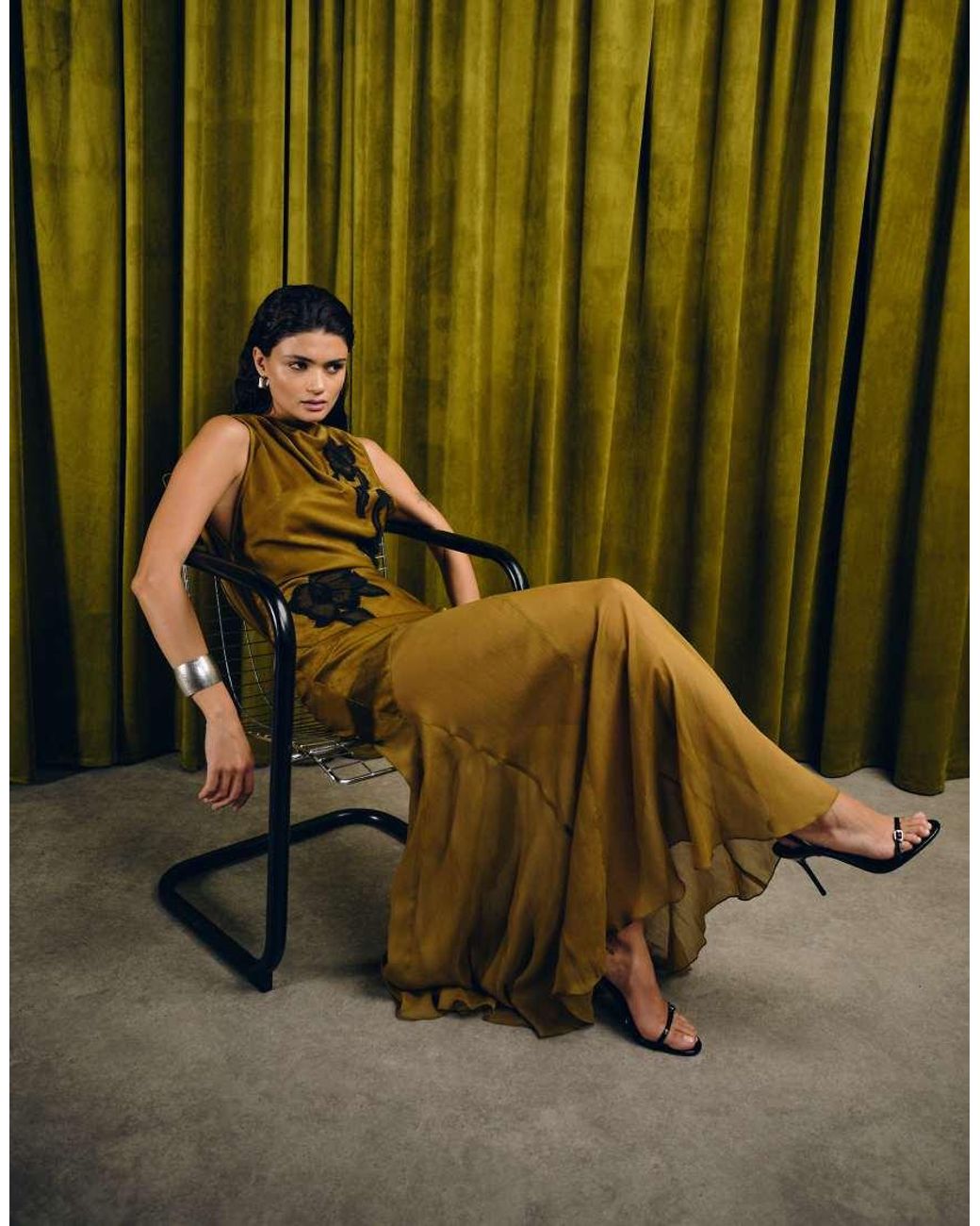 ASOS Green Satin Drape Back Lace Applique Maxi Dress With Godets