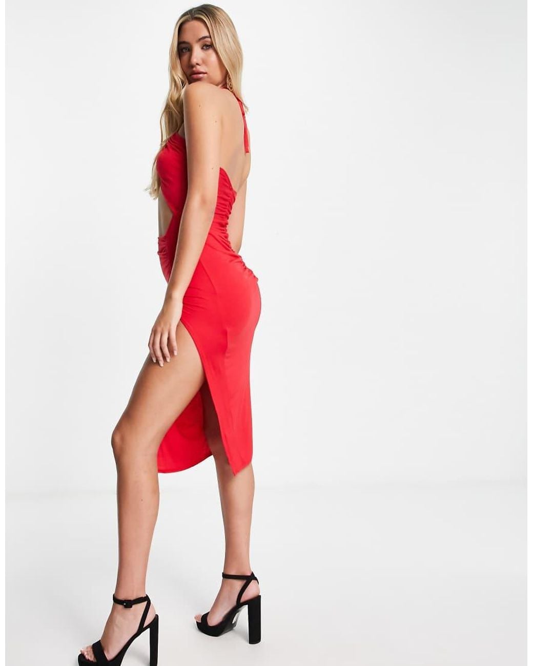 ASOS Red Cut Out Strappy Halter Midi Dress With Side Split