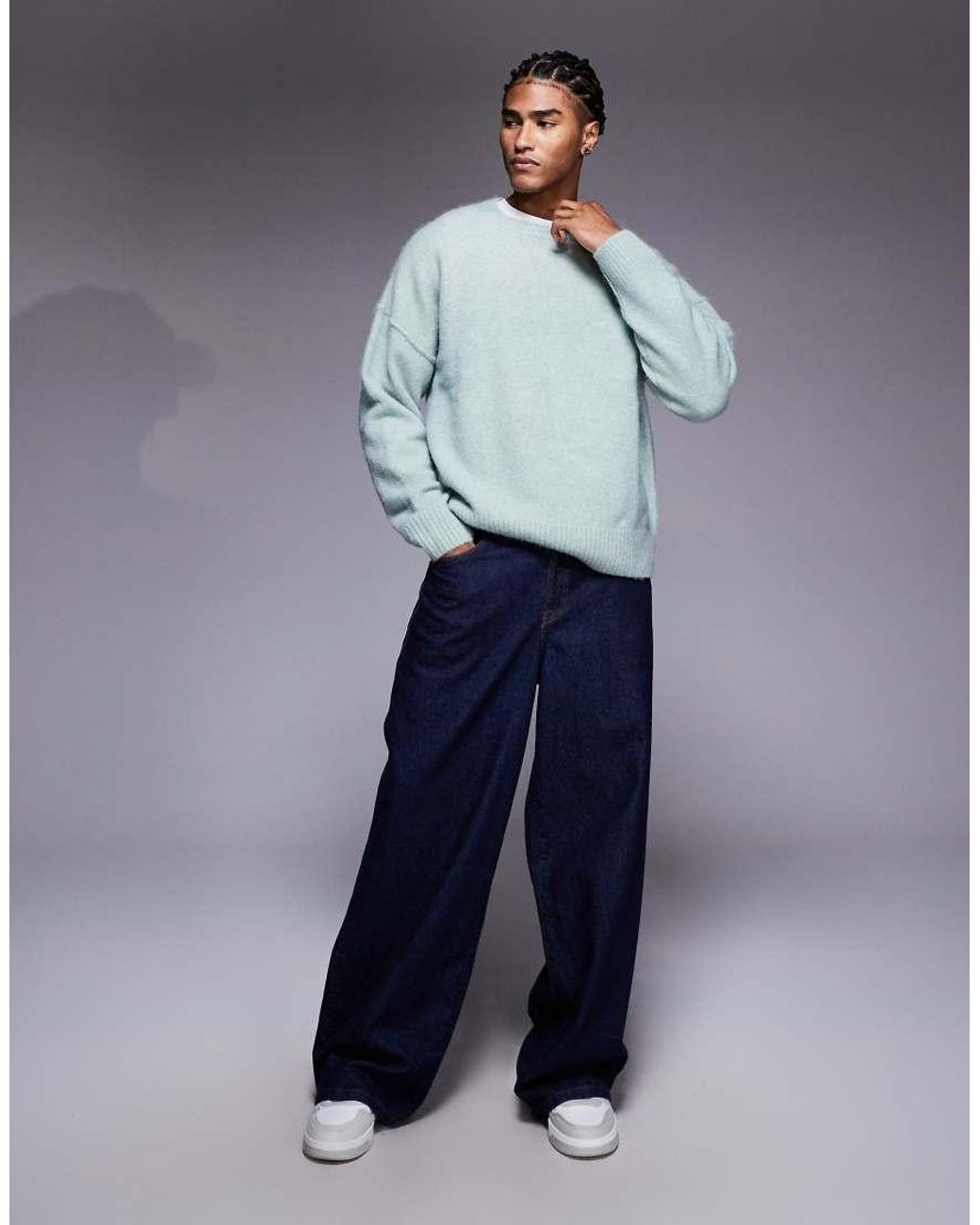 ASOS Blue Oversized Knitted Crew Neck Wool Blend Jumper for men