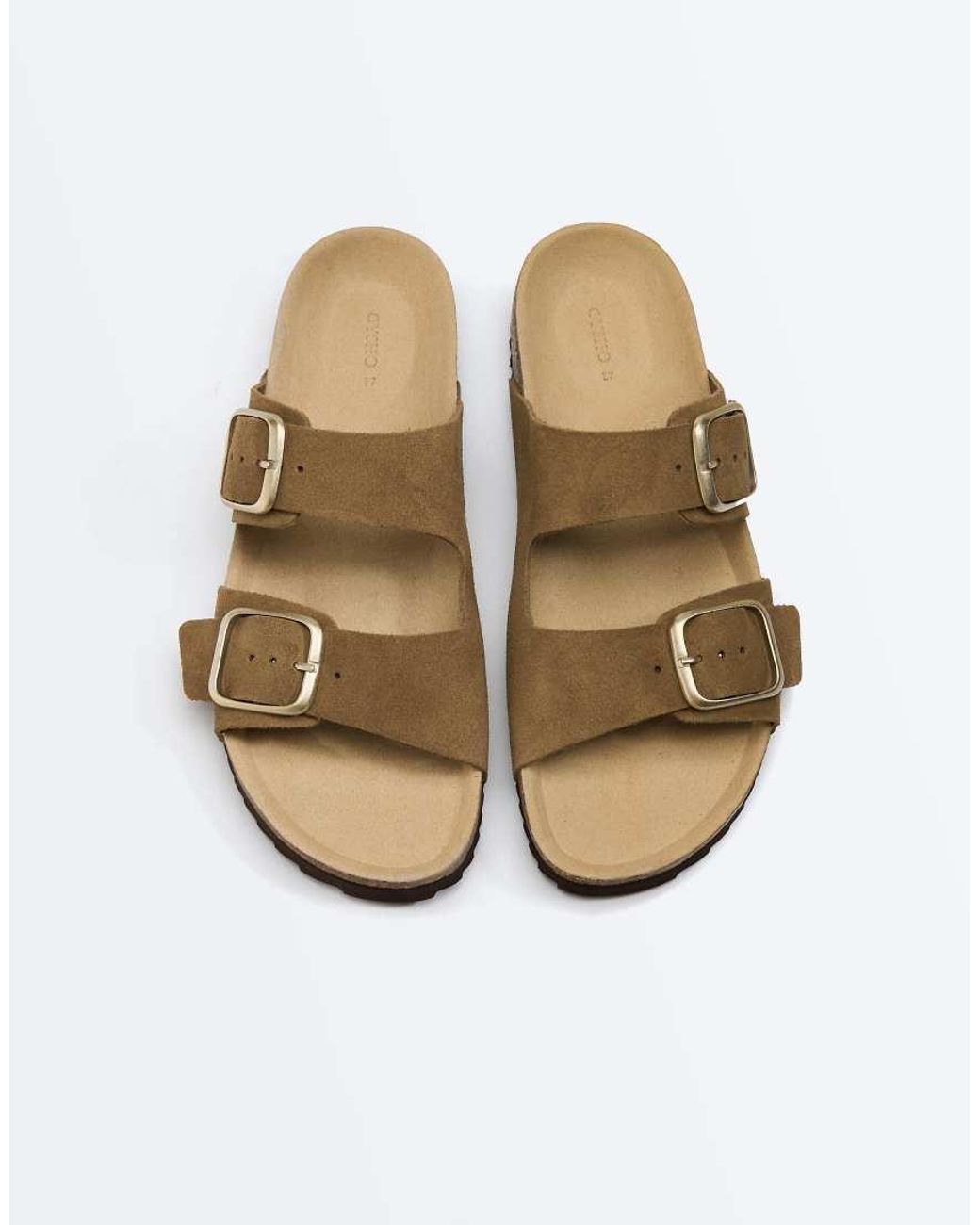 Oysho Brown Buckle Split-Leather Sandal