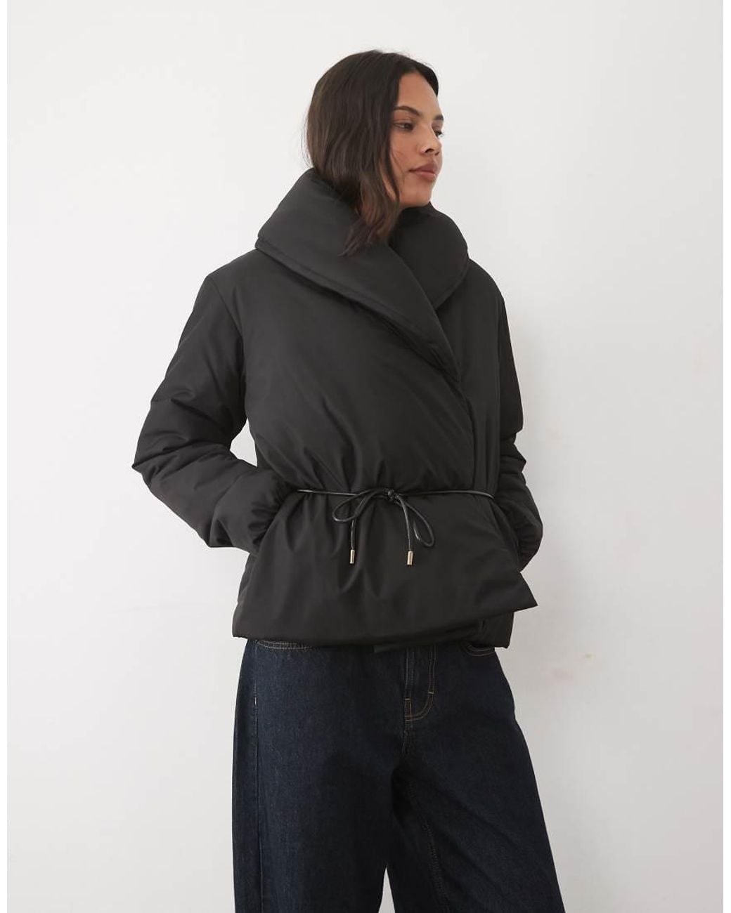 Threadbare Black Padded Wrap Puffer With Belt Detail