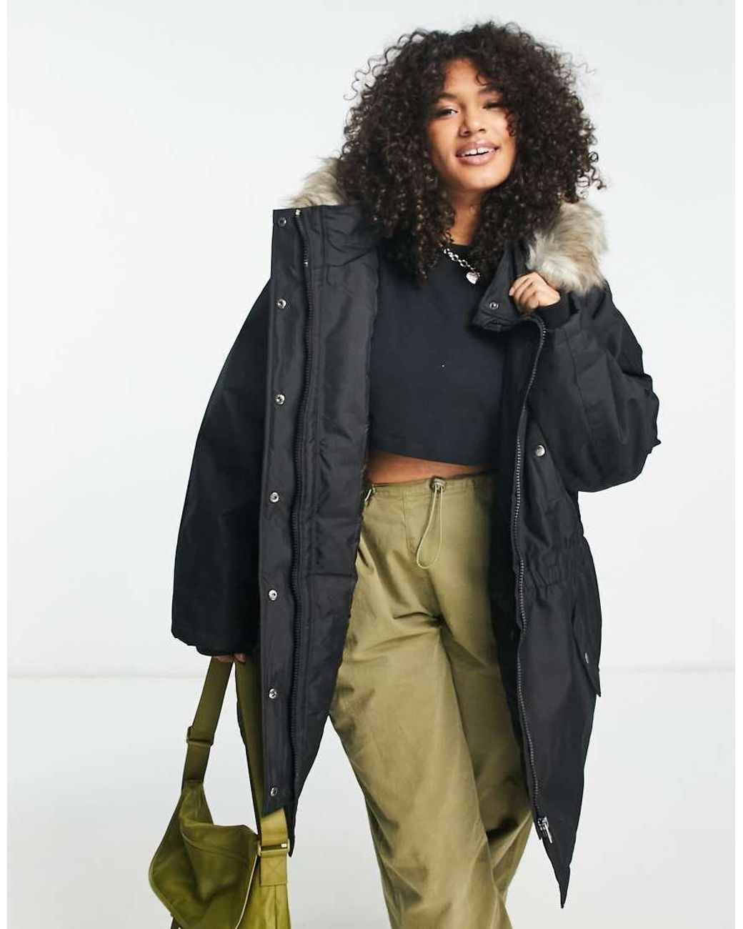 ONLY Black Parka Coat With Faux Fur Hood