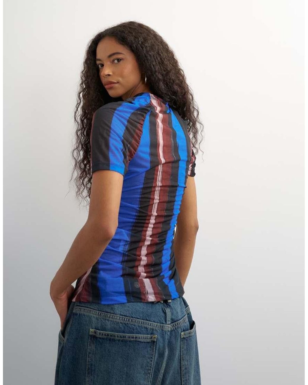 TOPSHOP Blue Mesh Stripe Ruched Sleeve Top