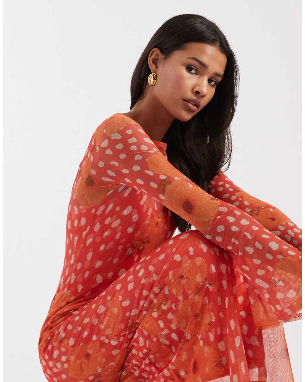 Never Fully Dressed Red Aria Long Sleeved Mesh Maxi Dress