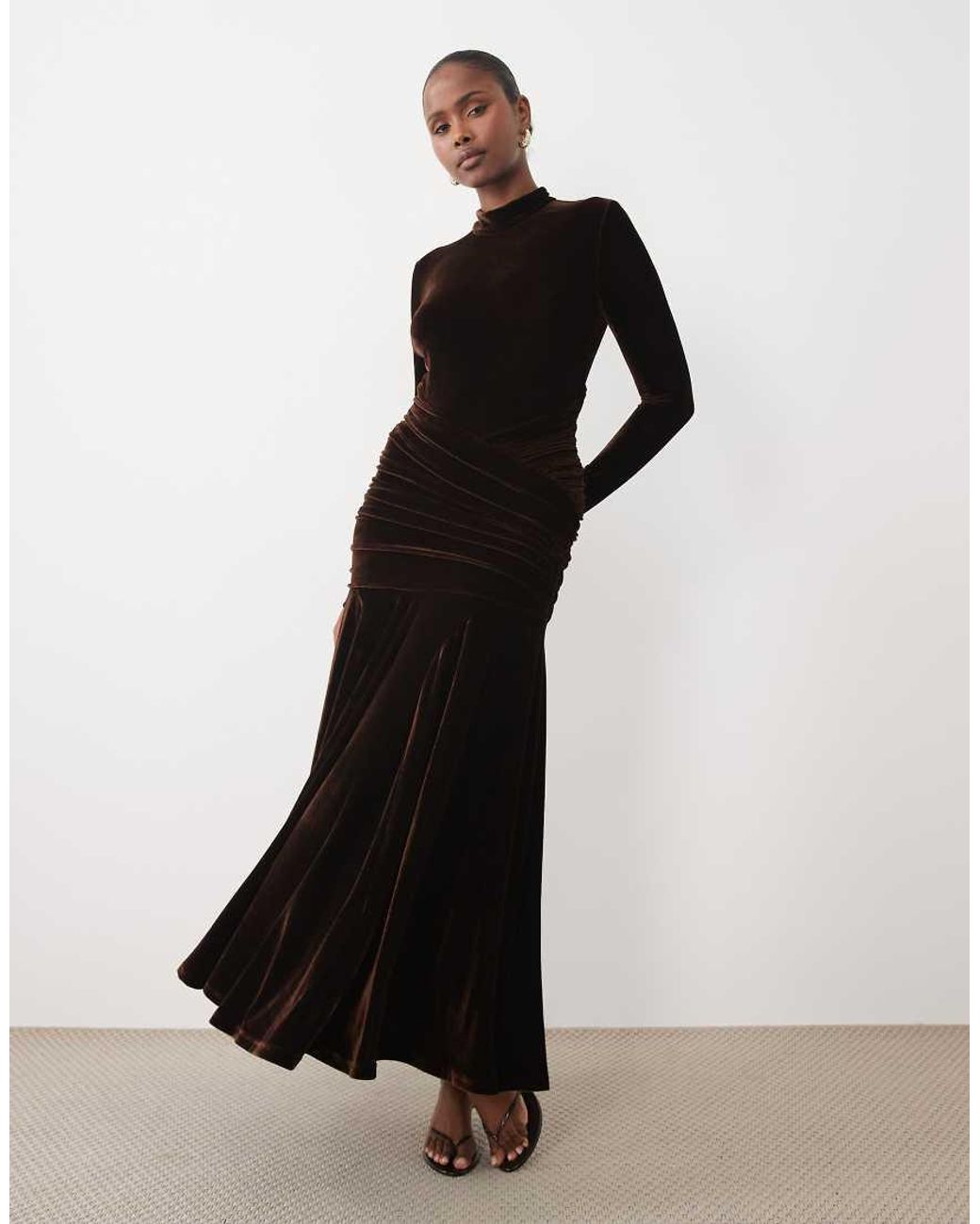 Bardot Black Velvet High Neck Long Sleeve Ruched Detail Godet Maxi Dress
