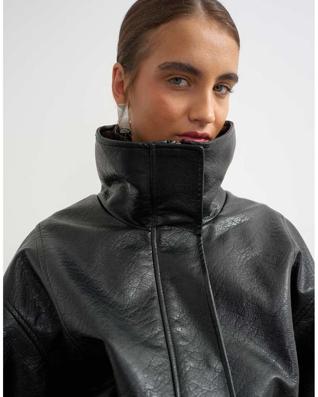 TOPSHOP Black Faux Leather Cinch Waist Funnel Neck Jacket