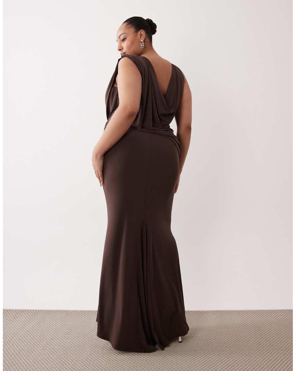 ASOS Brown Asos Design Curve Slinky Asymmetric Drape Maxi Dress With Cowl Back