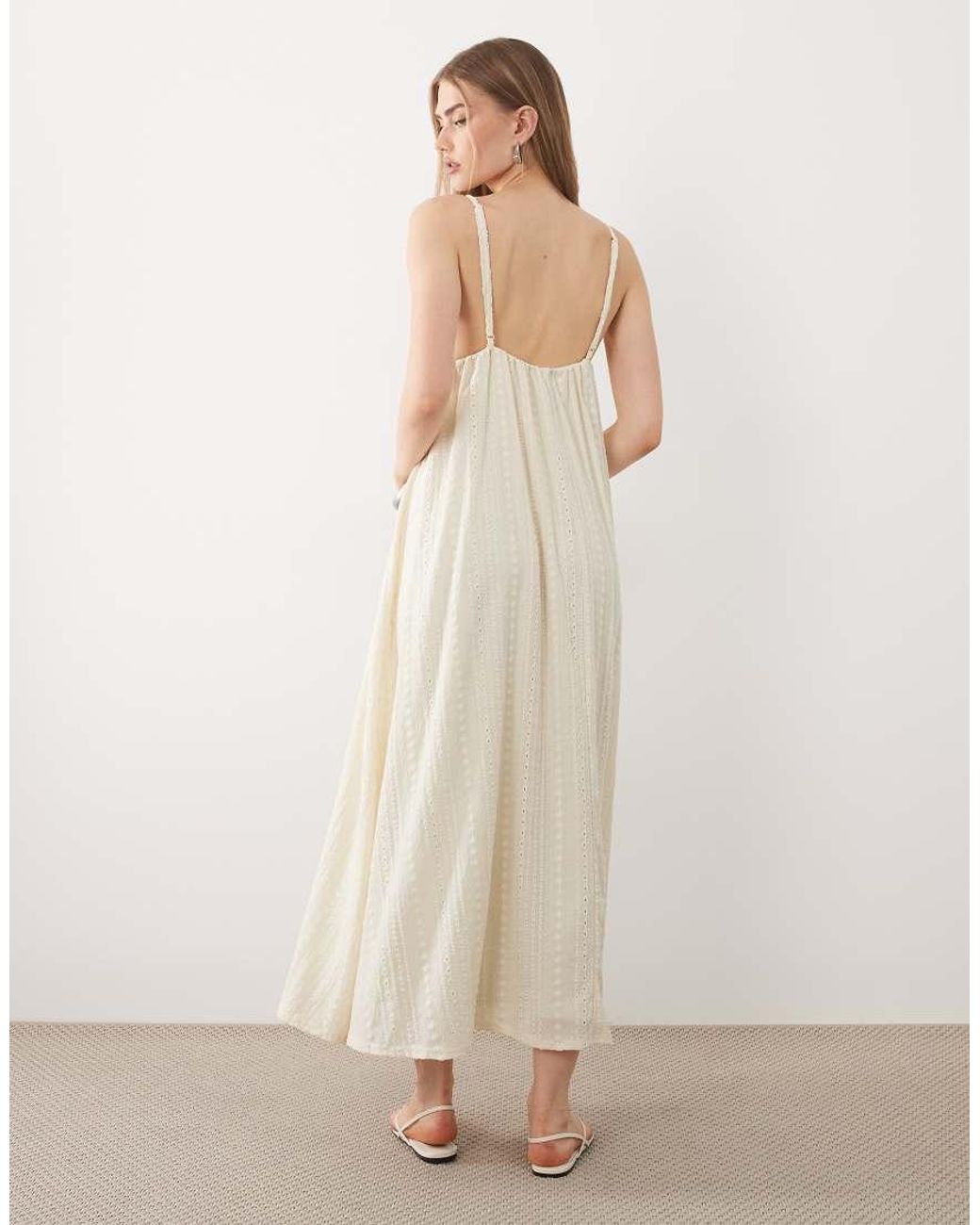 ASOS Natural Broderie V Neck Midi Dress