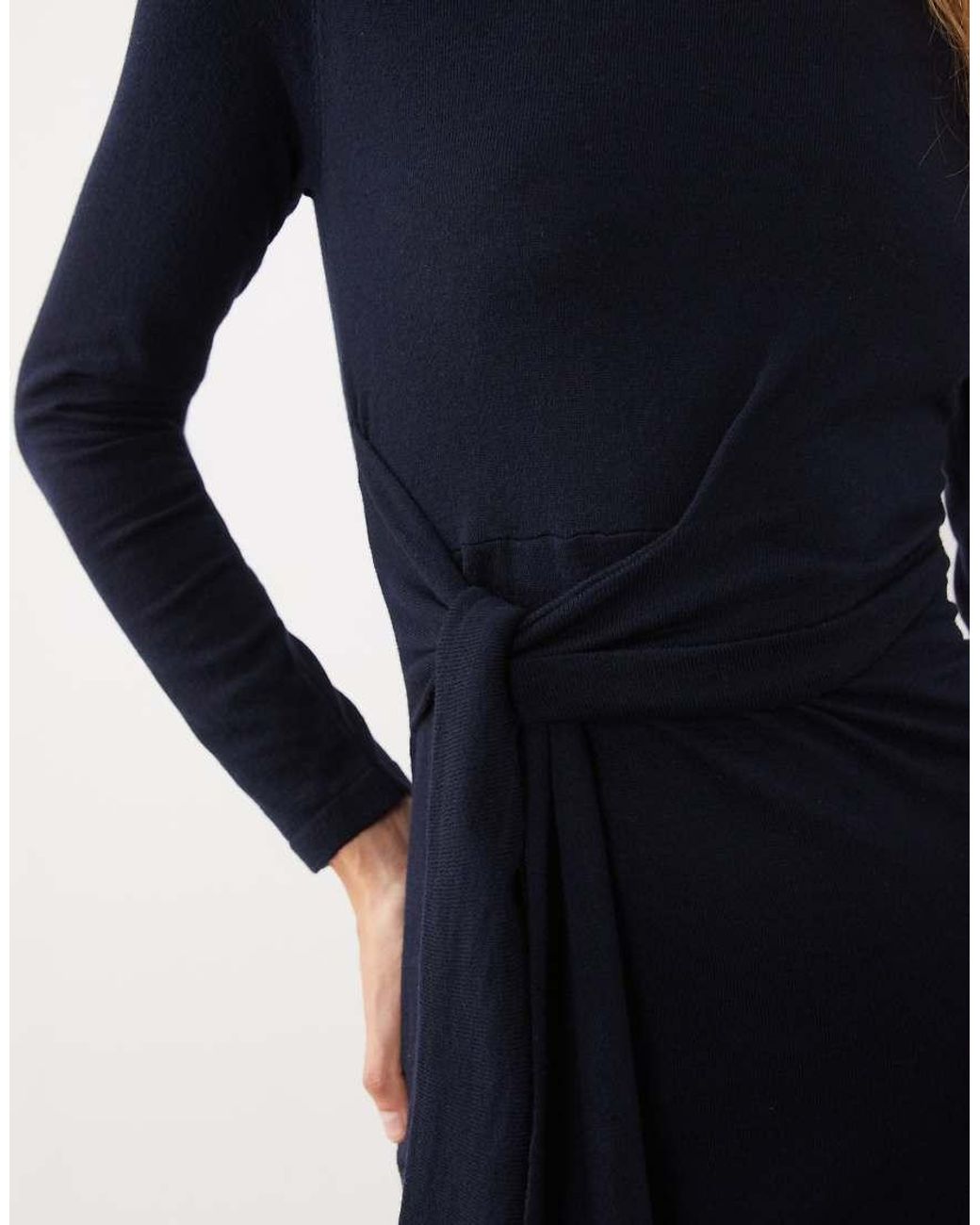 Mango Blue Boat Neck Long Sleeve Midi Dress With Tie Waist