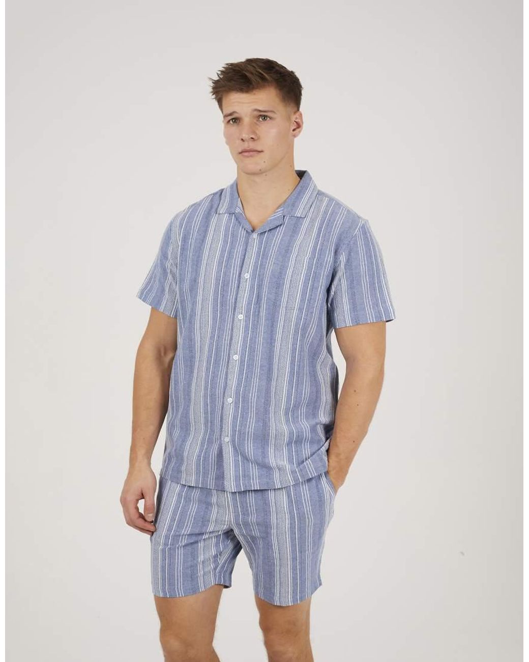 Brave Soul Blue Striped Cotton Shorts for men