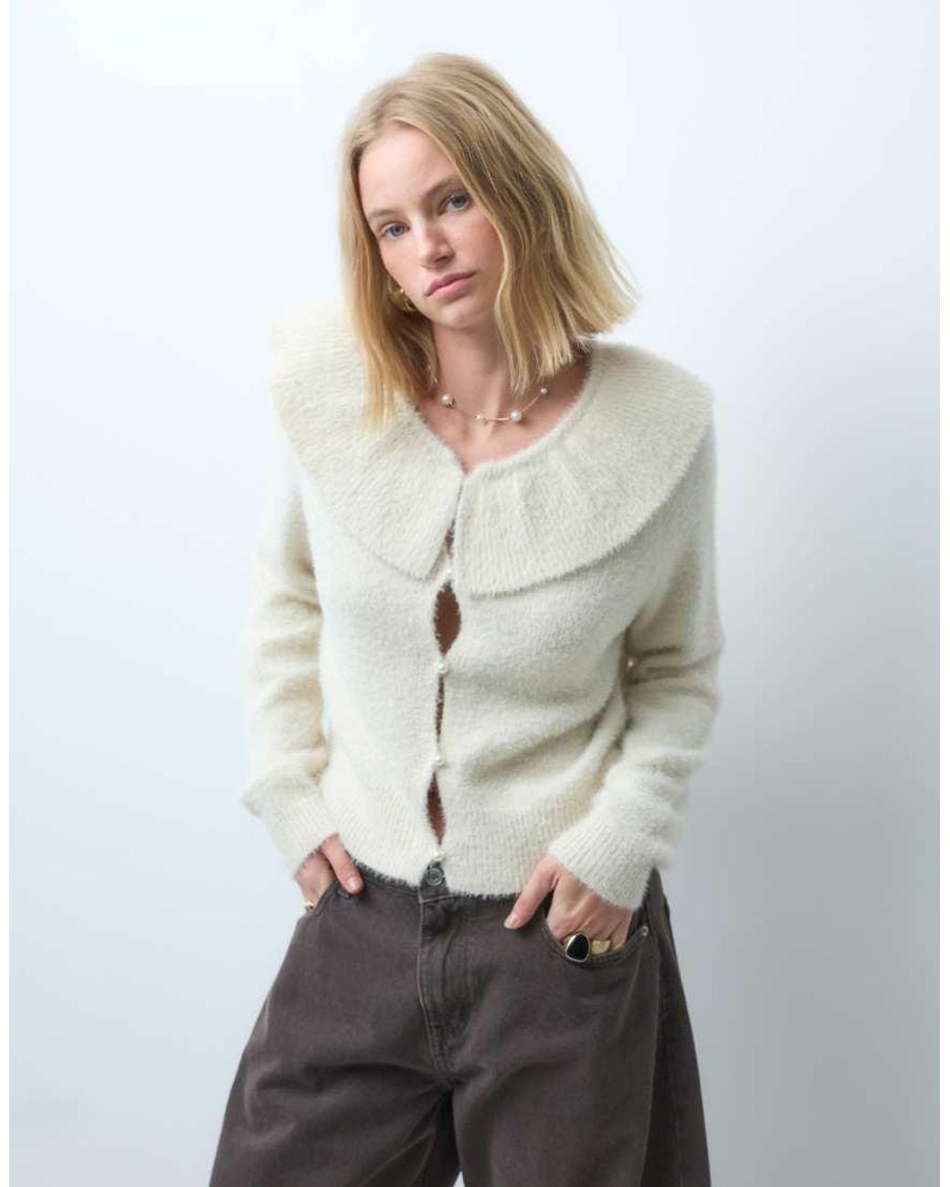 Vero Moda Gray Ruffle Trim Soft Fluffy Knitted Cardigan