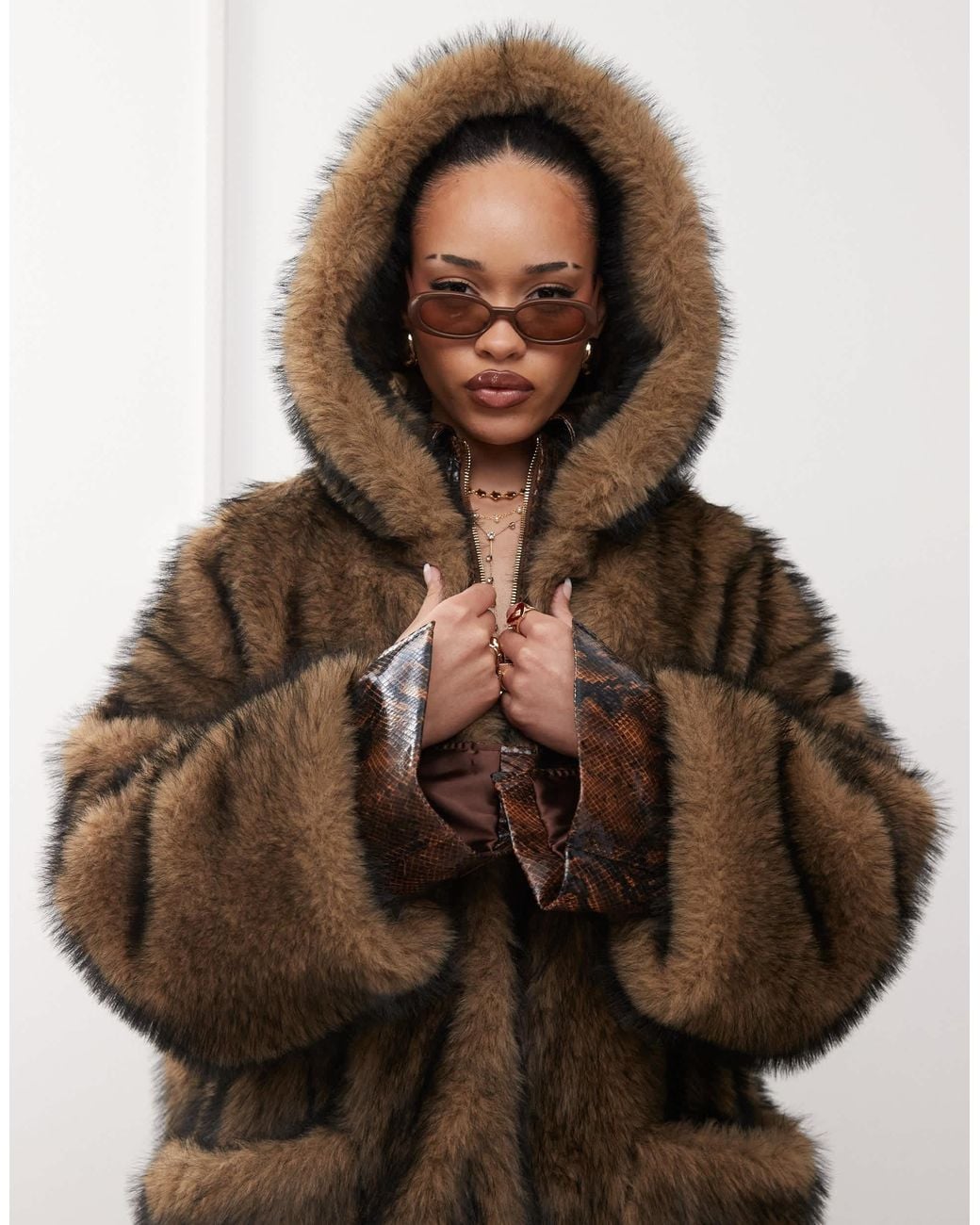 Labelrail X Jennifer Mcking Faux Fur Maxi Hooded Coat in Brown | Lyst