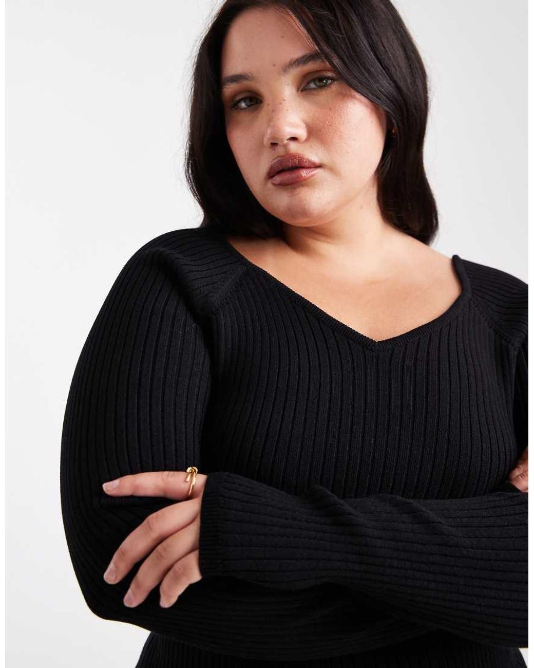 ASOS Black Asos Design Curve Knitted Structured V Neck Top