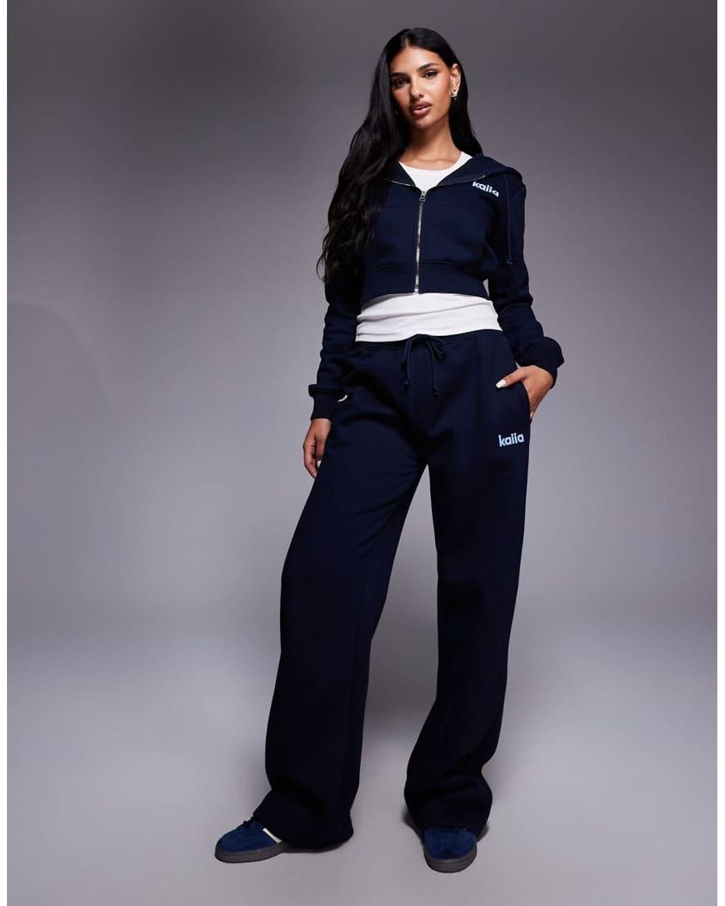 Kaiia Blue Studio Cotton Rich Star Logo Graphic Zip Through Cropped Hoodie Co-Ord