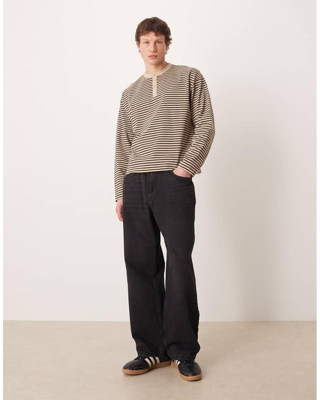 ASOS Oversized Recht T-Shirt Van Zware Stof Met Lange Mouwen En Henley-Hals in het Natural voor heren