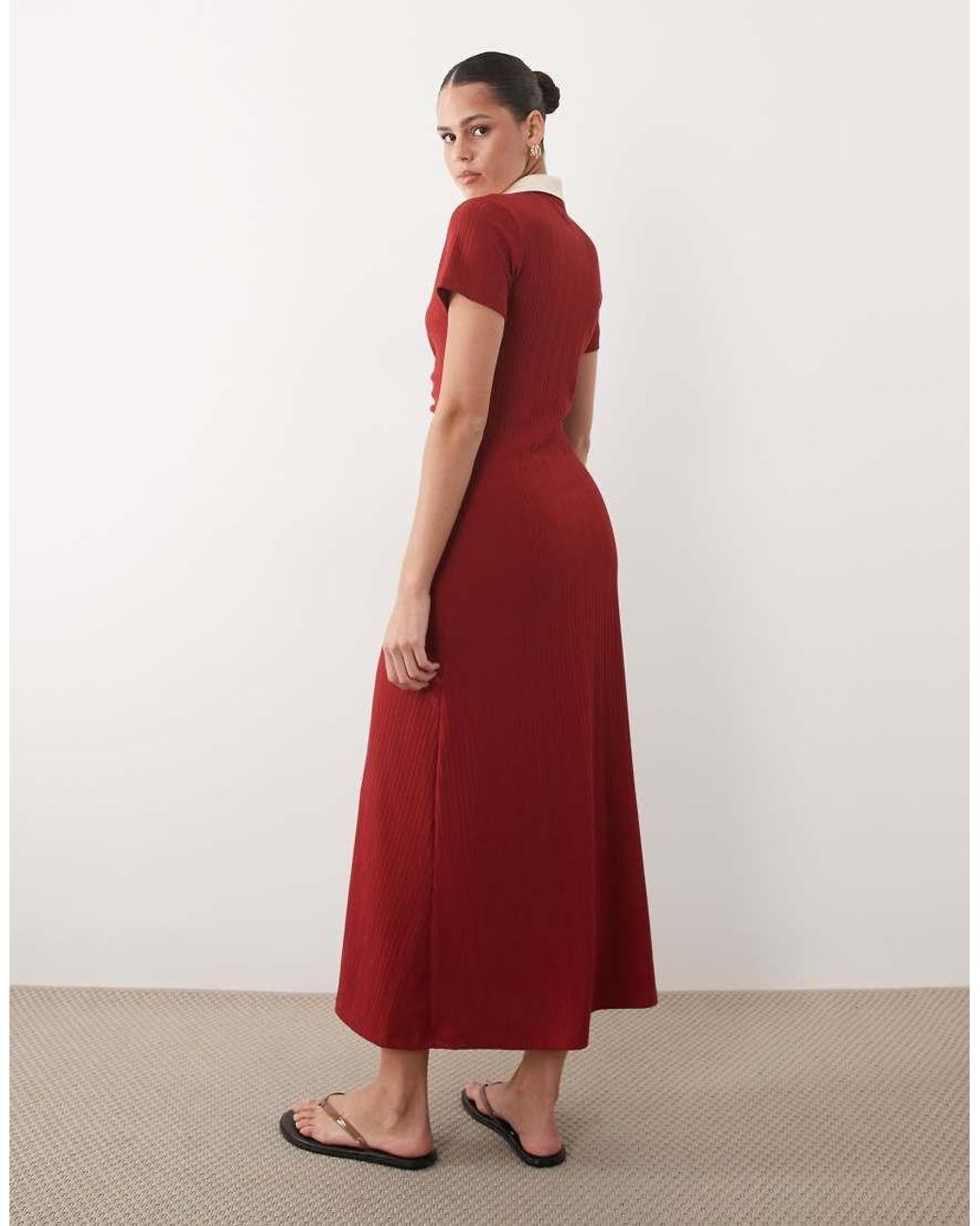 ASOS Red Button Front Cap Sleeve Midi Dress With Contrast Tipping
