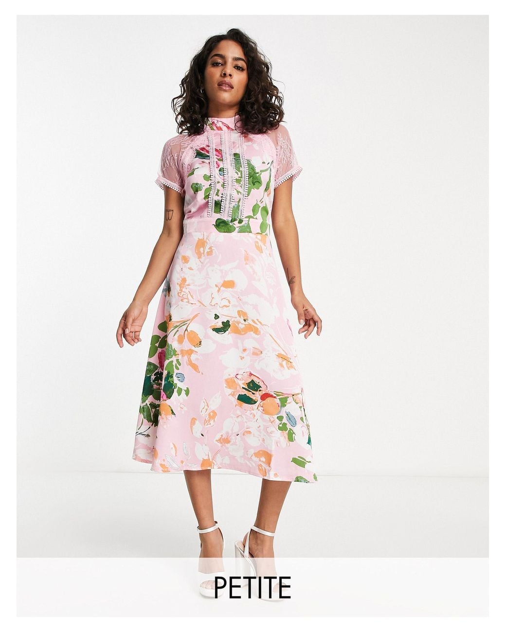 liquorish a line lace detail midi dress in floral print Total Crush Teal Floral Print Mesh Lace-Up Midi Dress